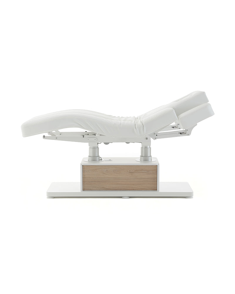The Clair - White massage treatment table with oak pattern details - with motor - with adjustable armrests